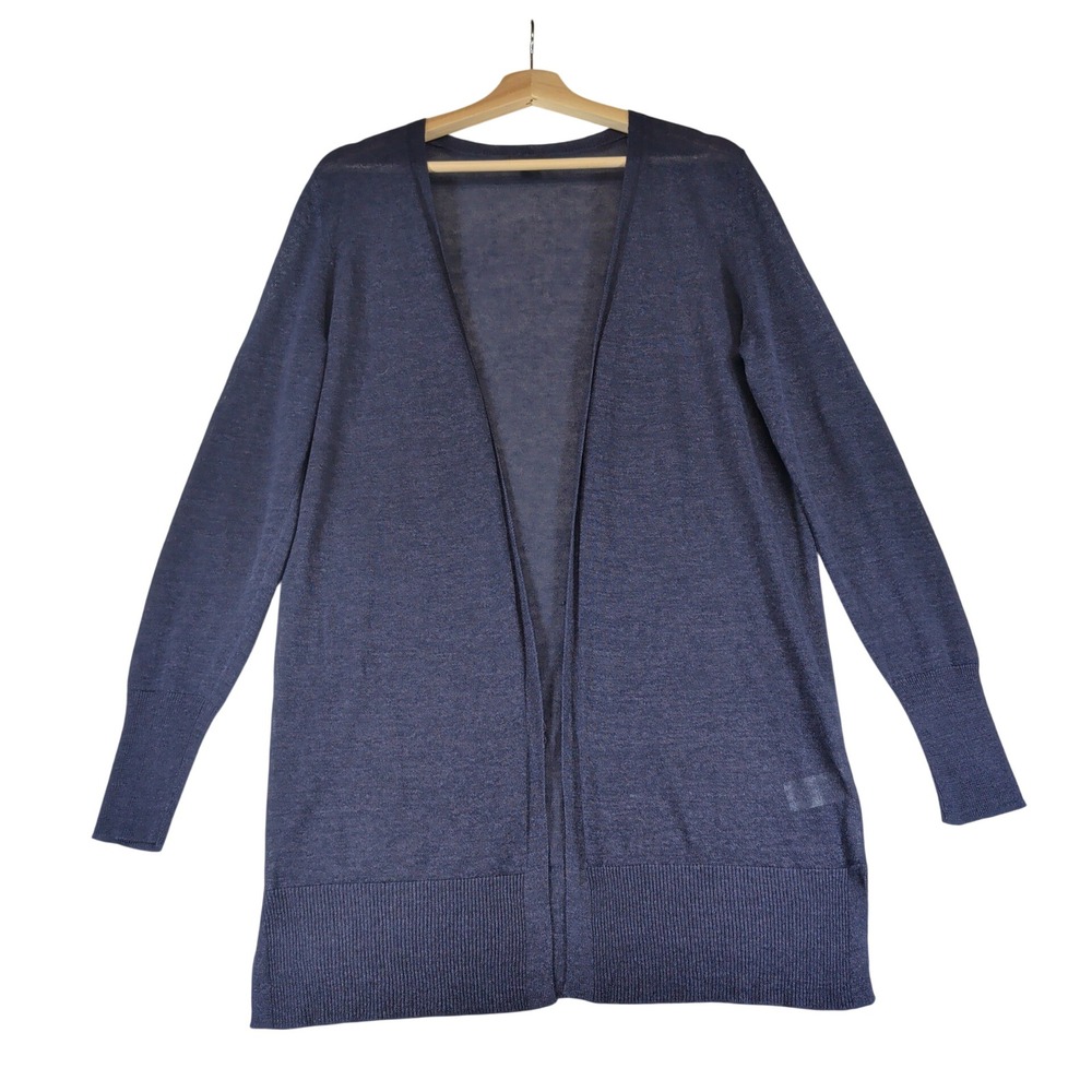 Halogen Women Navy Blue Linen Blend Open Front Long Cardigan Sweater Size M